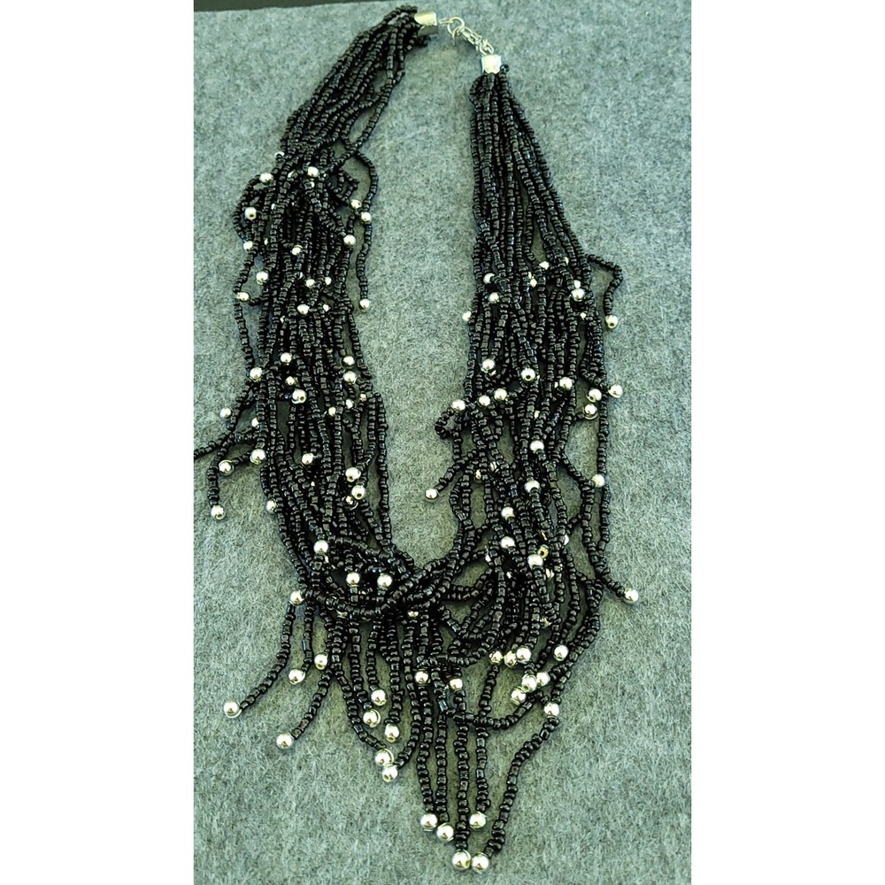 Black Seed Bead Multi Strand Fringe Statement Necklace Silver Tone 20in 77g